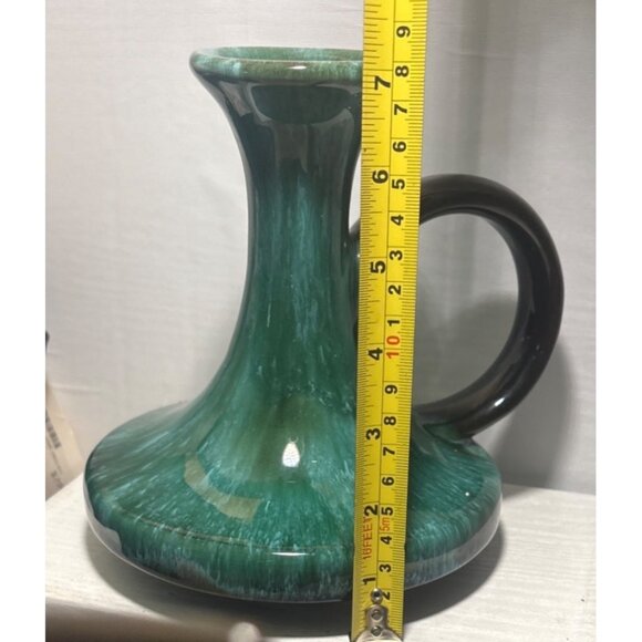 Blue Mountain Pottery Chamberstick Candle Holder Grn Drip Glaze 7" Tall MCM Vtg - Picture 7 of 8